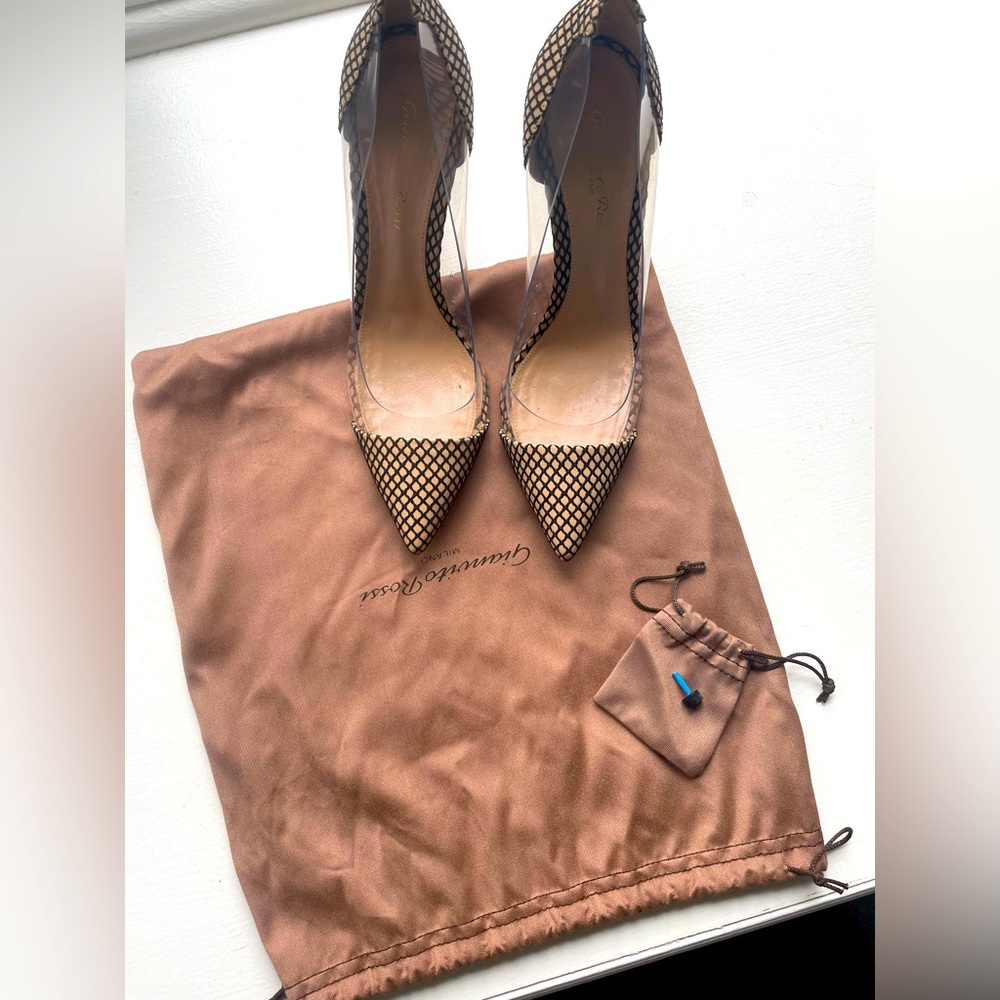 Authentic Gianvito Rossi heels, size 37.5, beige black pattern, like new